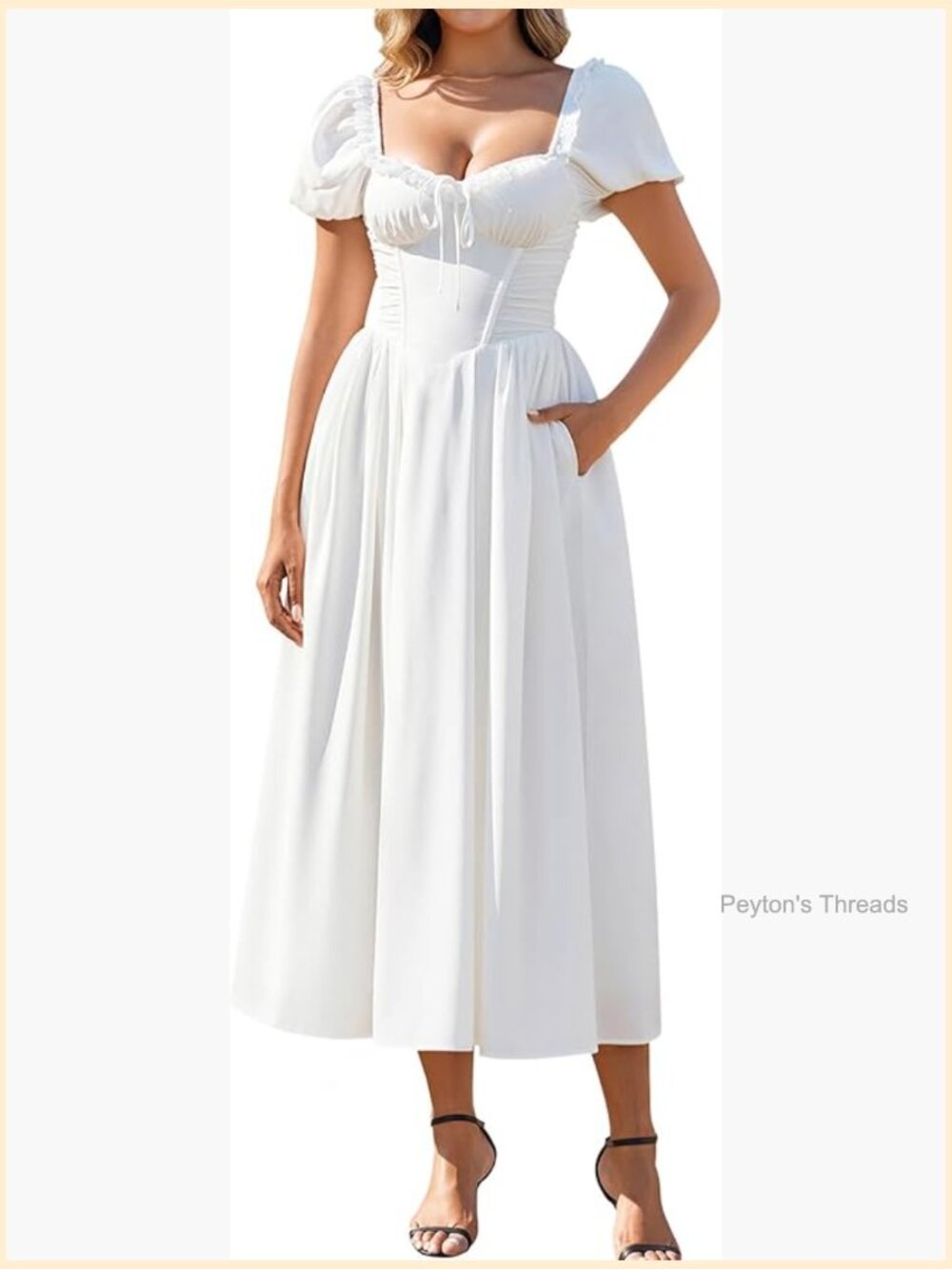 White Puff-Sleeve Midi Dress